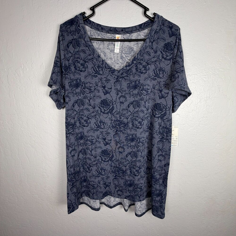 LuLaRoe Christy T Women’s XL Blue Floral V Neck Short Sleeve Shirt Top NWT